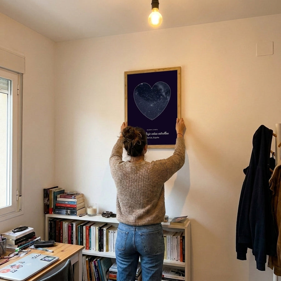 A pendurar o quadro mapa estelar personalizado de nascimento no quarto do bebé