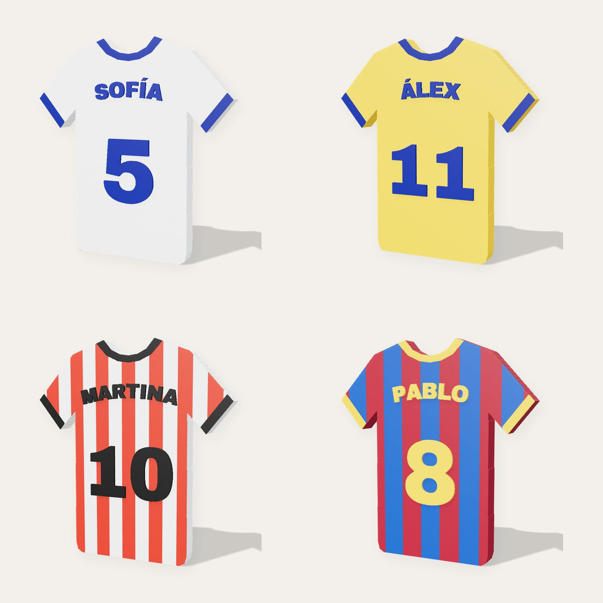 Cuatro placas camiseta de fútbol 3D con colores de equipo distintos, cada una con su nombre y dorsal