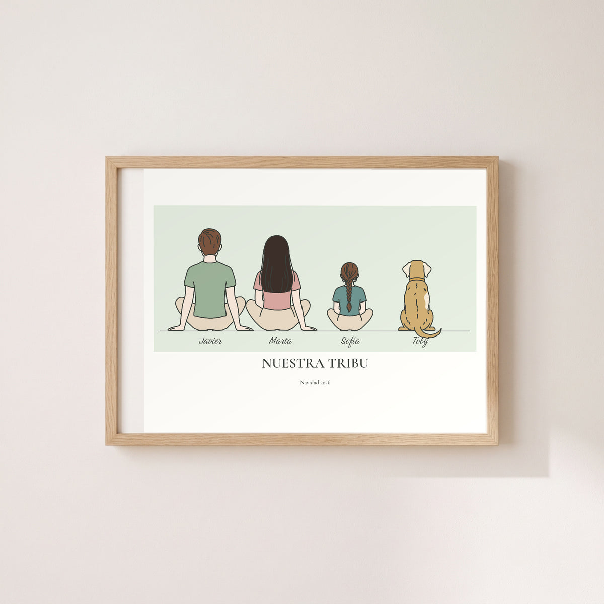 Cuadro «Nuestra tribu» personalizado con los nombres de la familia, en marco de roble