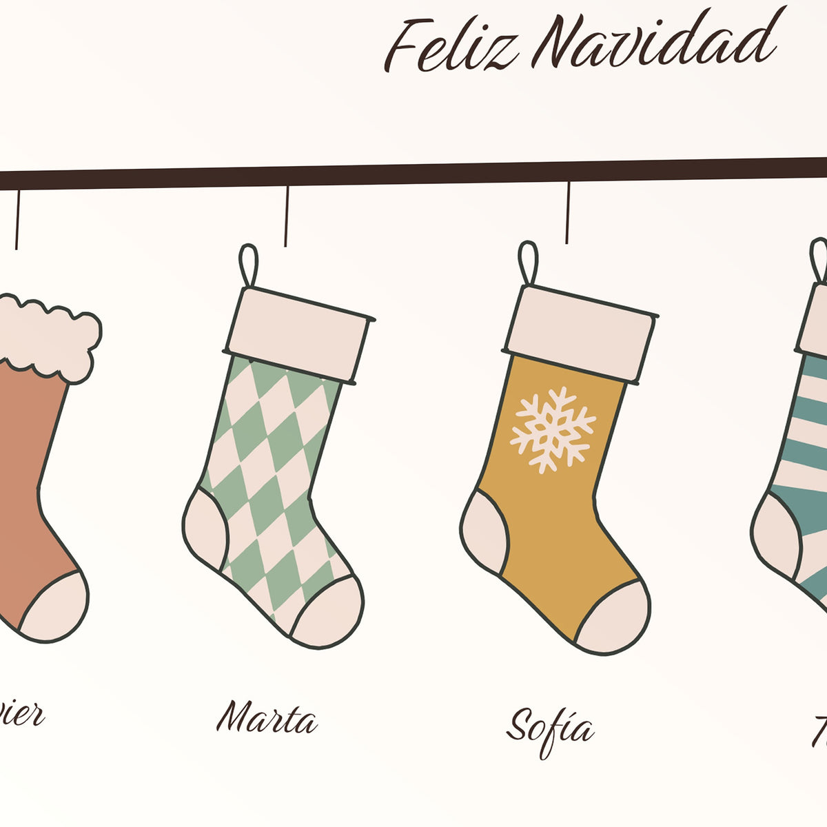 Detalle de las figuras y los nombres del cuadro «Calcetines en la chimenea»