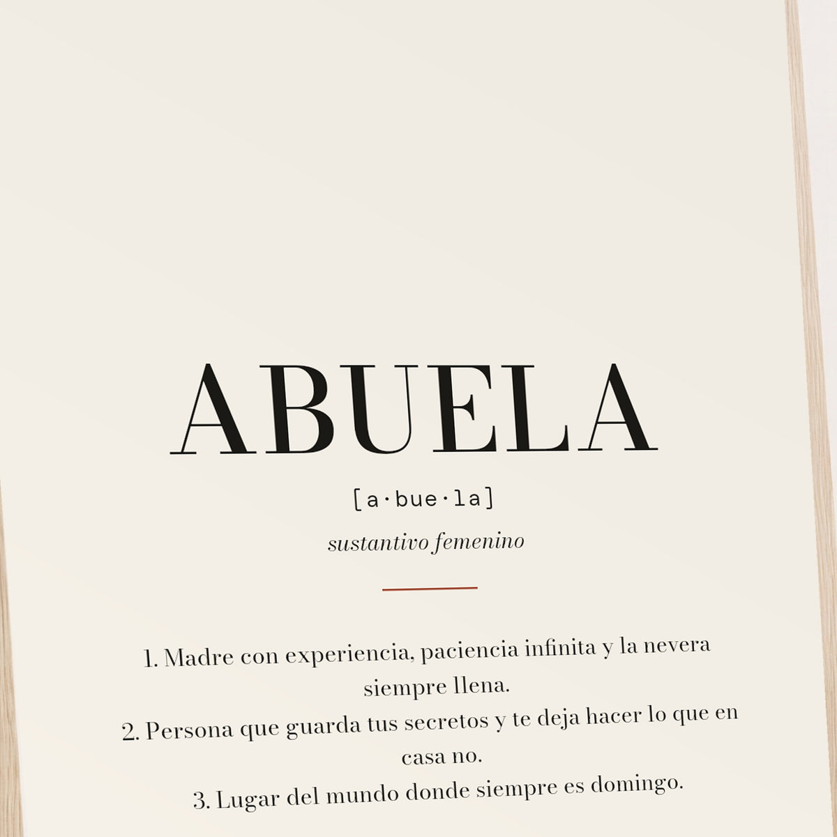 Detalle de la letra y el papel de la lámina «Abuela» con definición personalizada