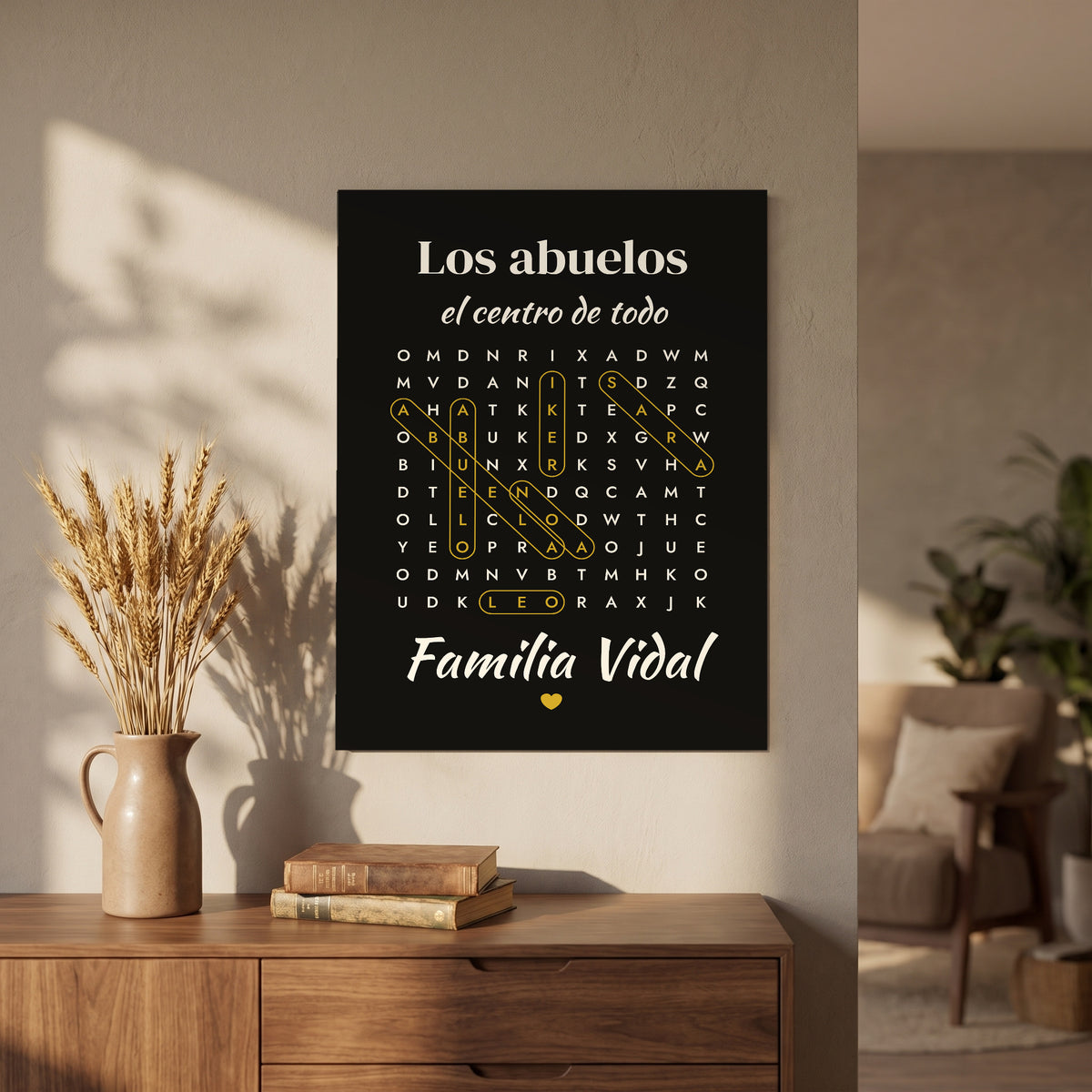 Cuadro sopa de letras en papel carbón con los nombres de los abuelos