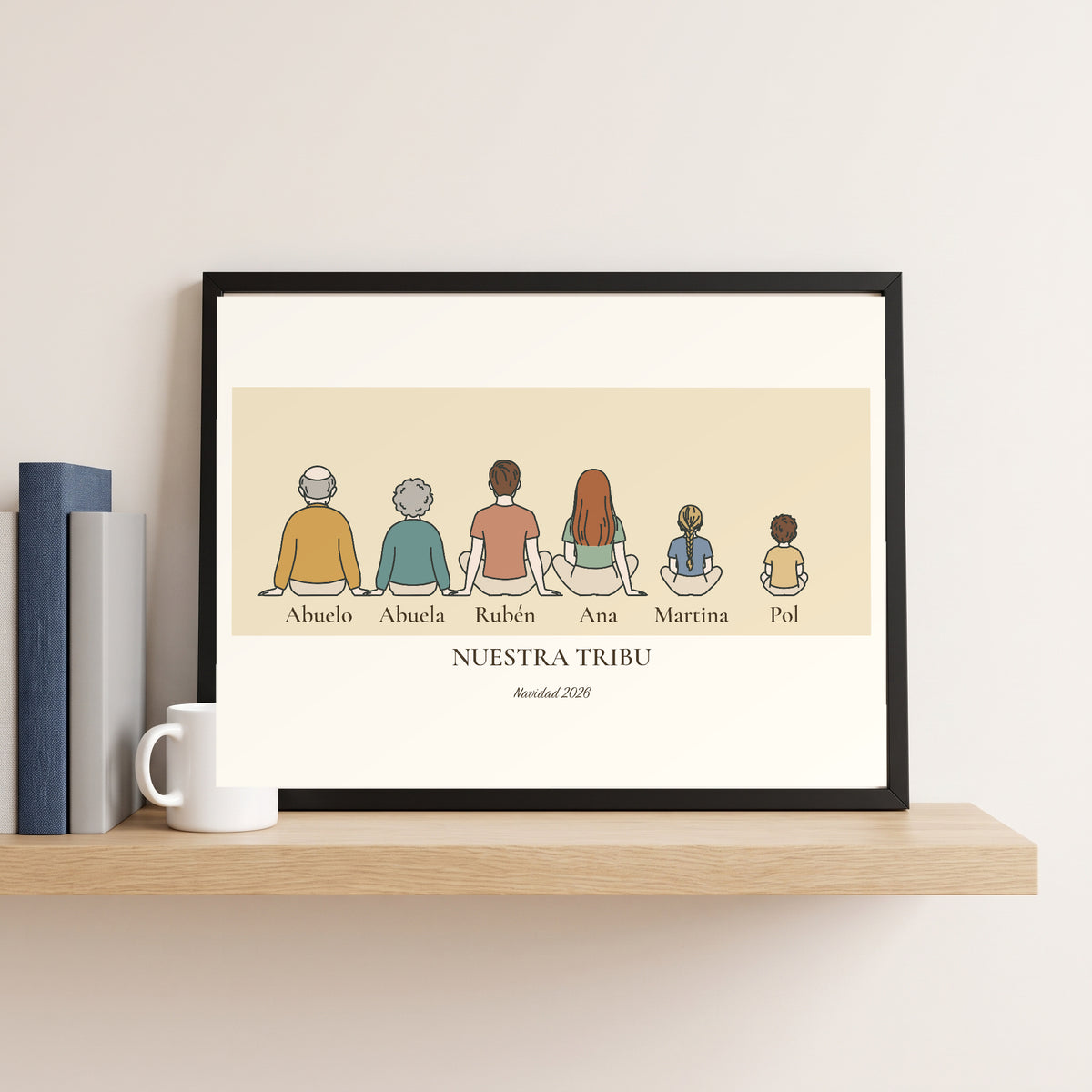Cuadro «Nuestra tribu» enmarcado en 30×40 sobre una balda, para ver el tamaño