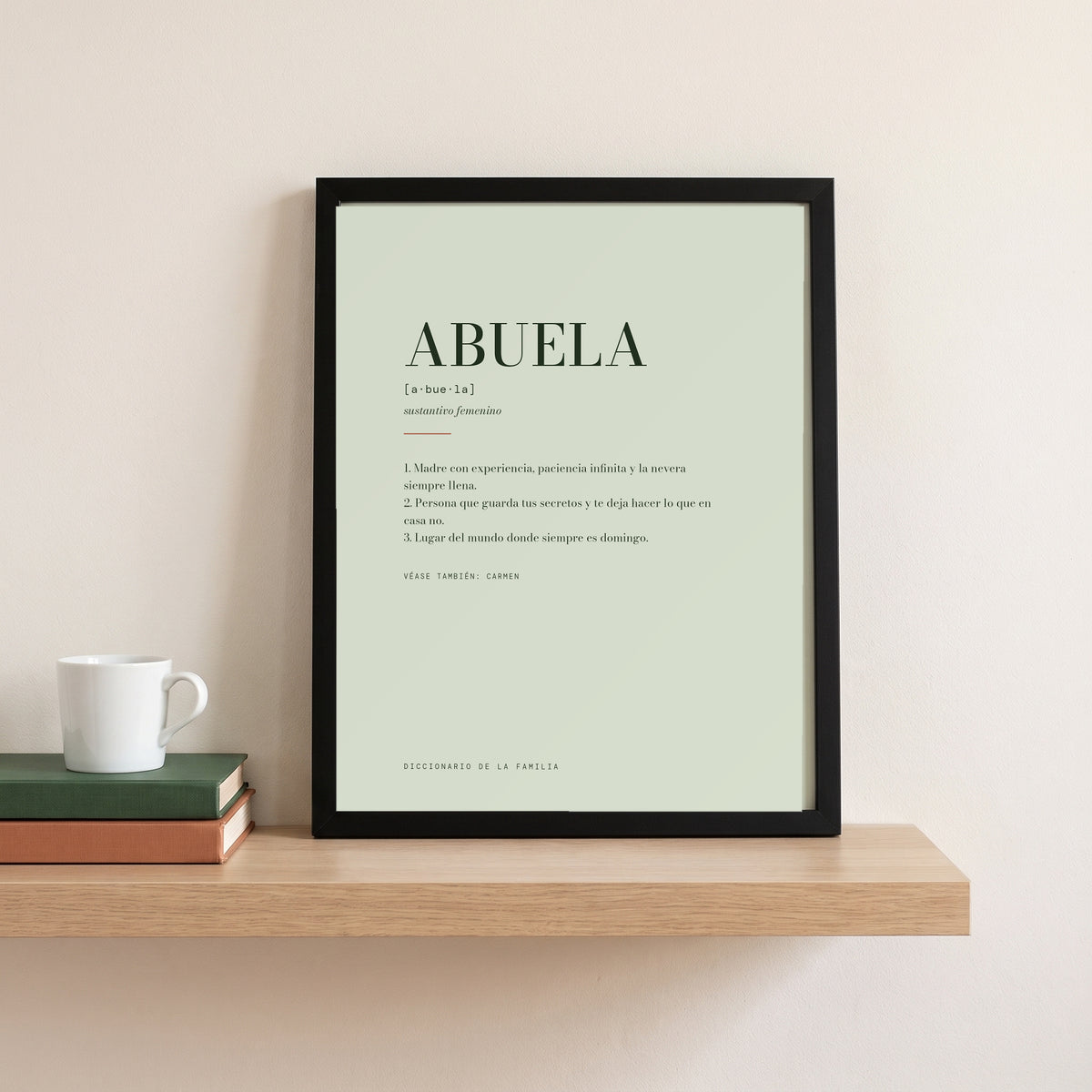 Lámina «Abuela» enmarcada en 30×40 sobre una balda, para ver el tamaño