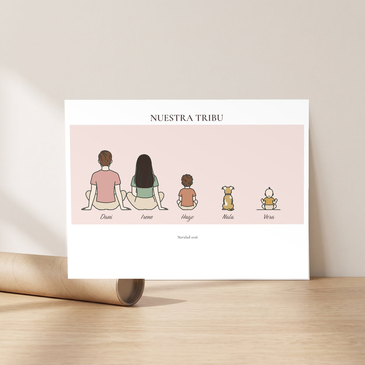 Lámina «Nuestra tribu» sin marco tal como llega, junto al tubo de envío