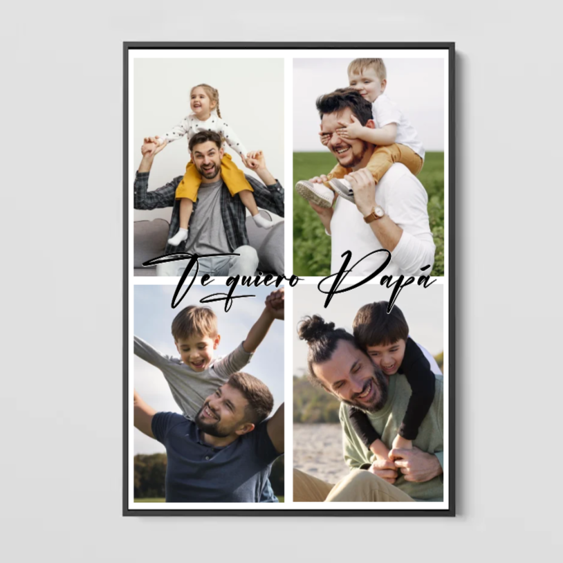 Cuadro personalizado de papá con cuatro fotos y la frase te quiero papá, con marco negro
