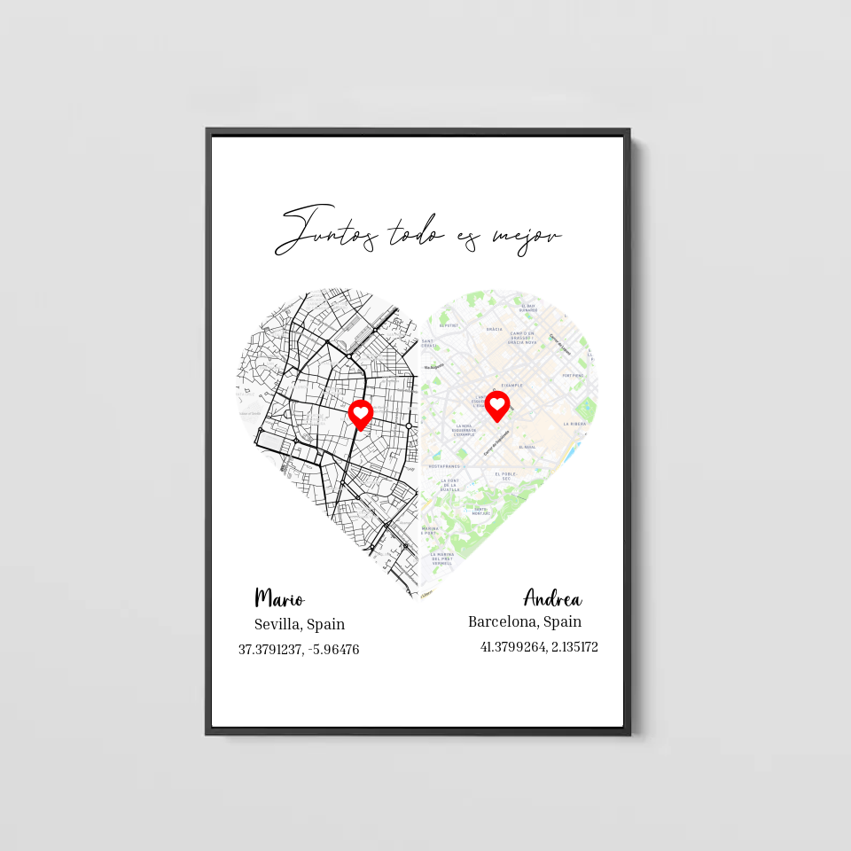Cuadro personalizado con los mapas de dos ciudades en forma de corazón, nombres y coordenadas, con marco negro