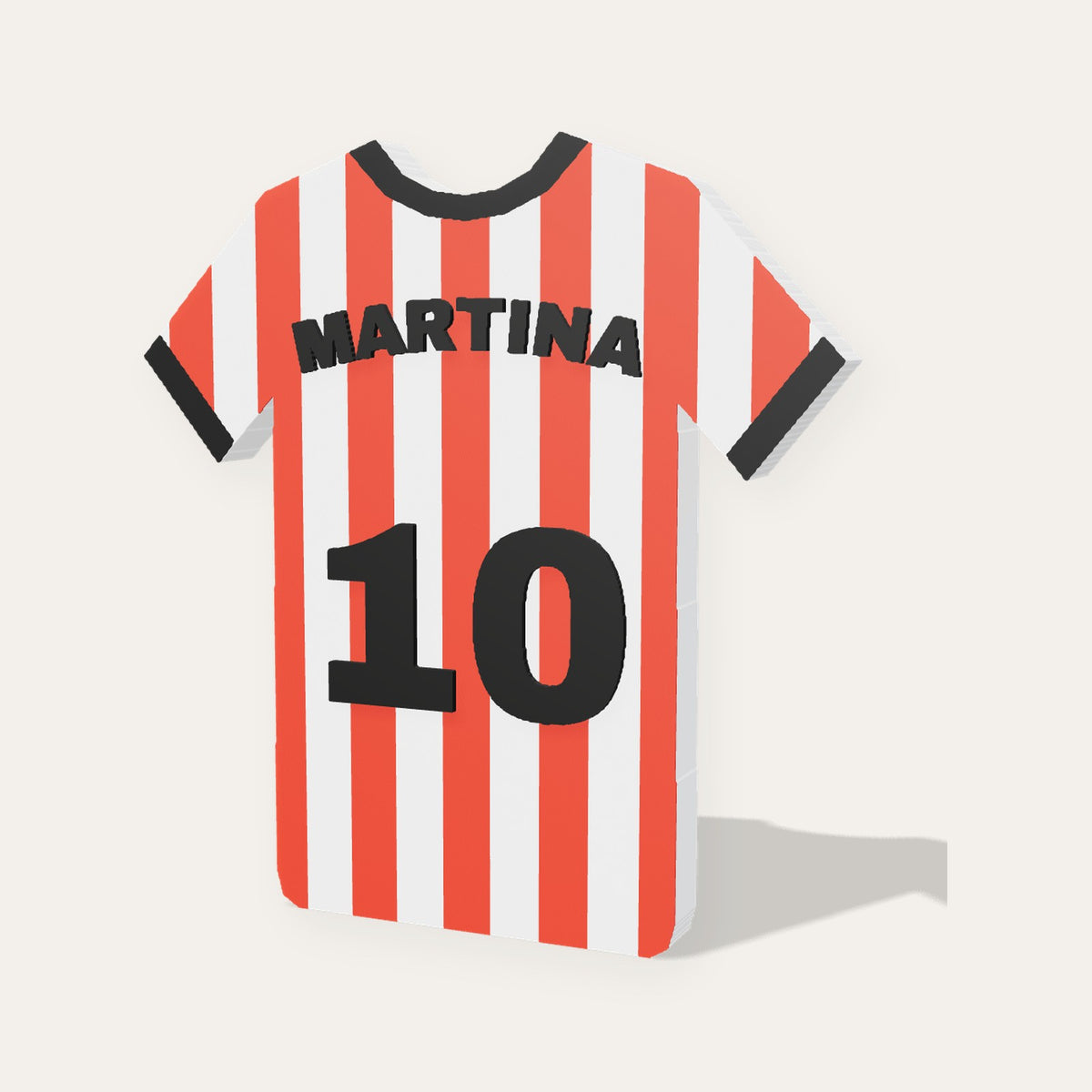 Placa camiseta de fútbol 3D a rayas rojas y blancas con el nombre MARTINA y el dorsal 10