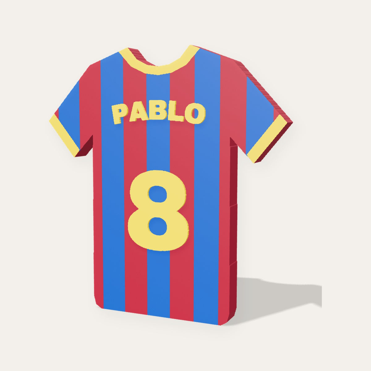 Placa camiseta de fútbol 3D a rayas azules y granates con el nombre PABLO y el dorsal 8