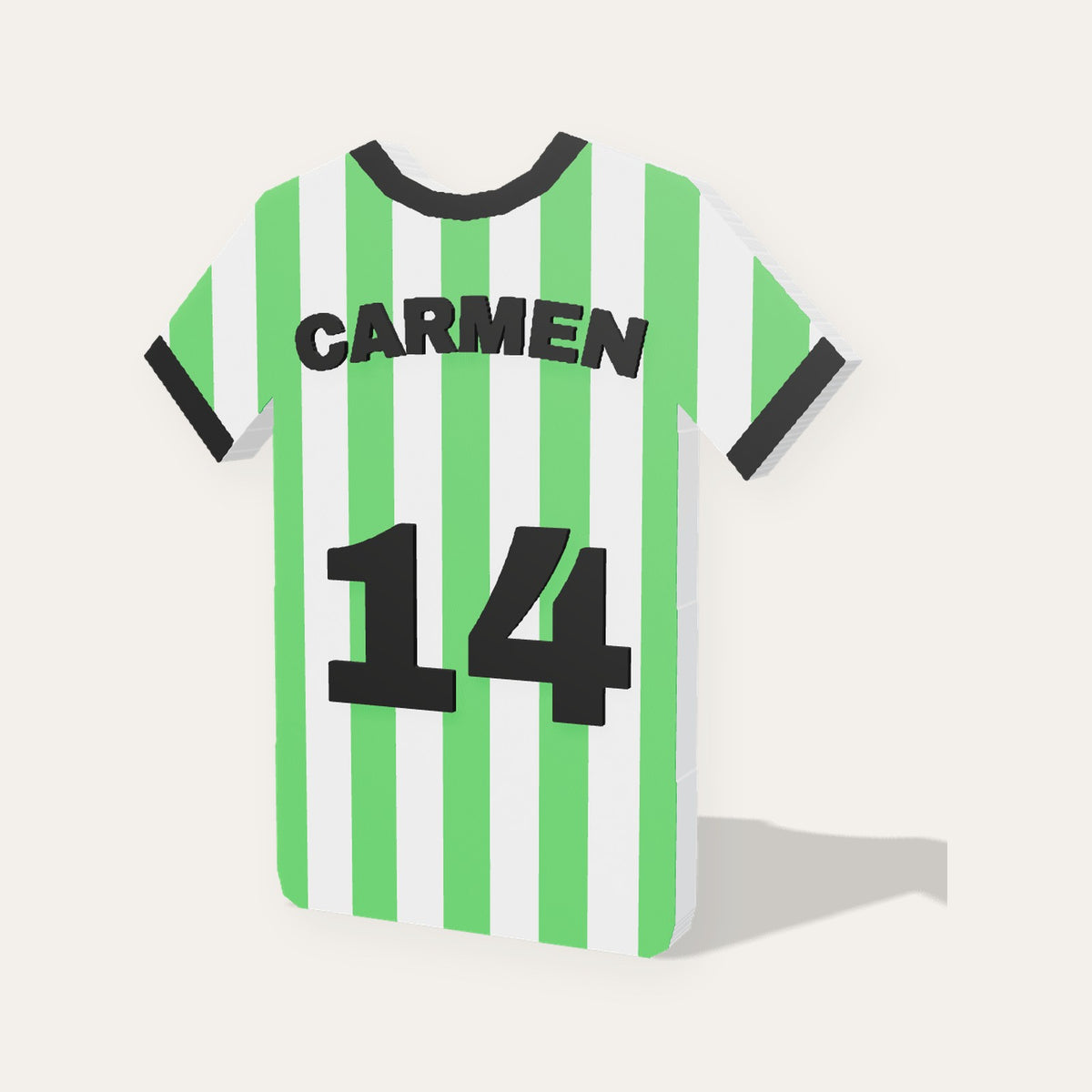 Placa camiseta de fútbol 3D a rayas verdes y blancas con el nombre CARMEN y el dorsal 14