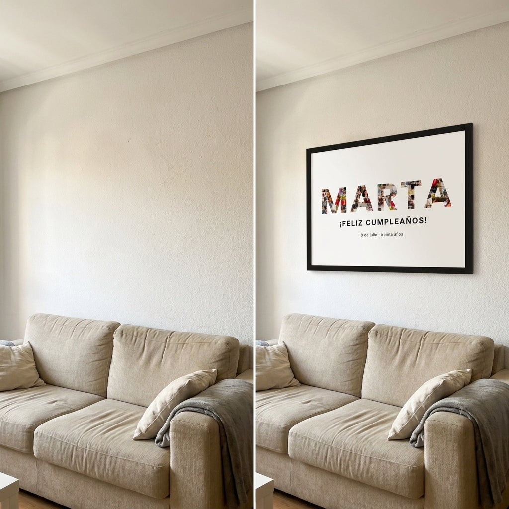 El cuadro personalizado del nombre con marco negro y con marco de madera, comparados sobre el sofá