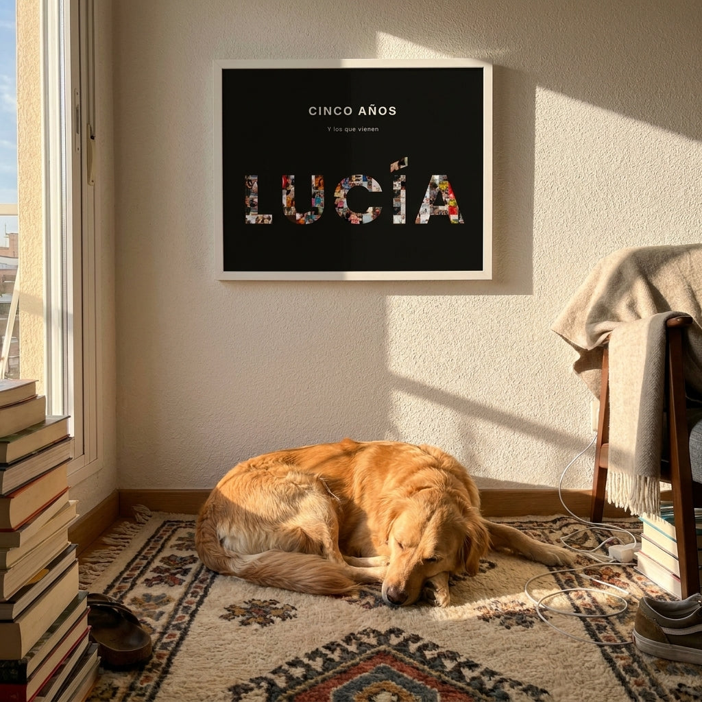 Cuadro personalizado LUCÍA sobre fondo negro colgado en un salón, con un perro dormido debajo