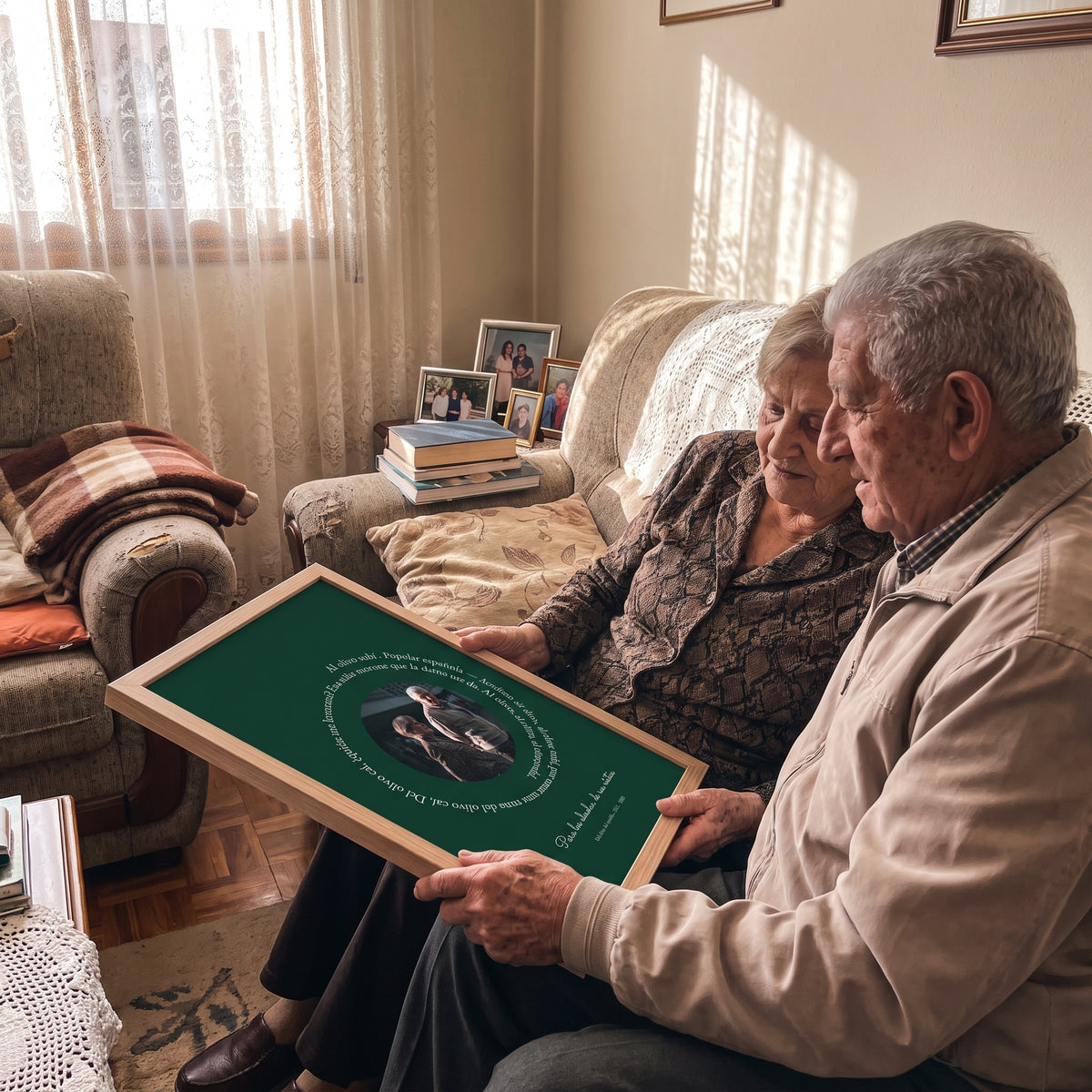 Pareja de abuelos mirando en el sofá el cuadro personalizado con la letra de su canción