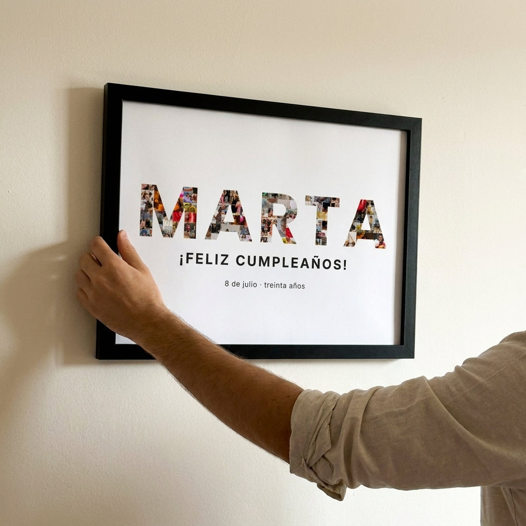 Hombre colgando en la pared el cuadro personalizado con el nombre MARTA relleno de fotos