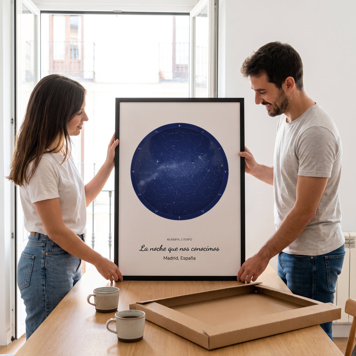 Una pareja sostiene el cuadro mapa estelar personalizado recién sacado de su caja