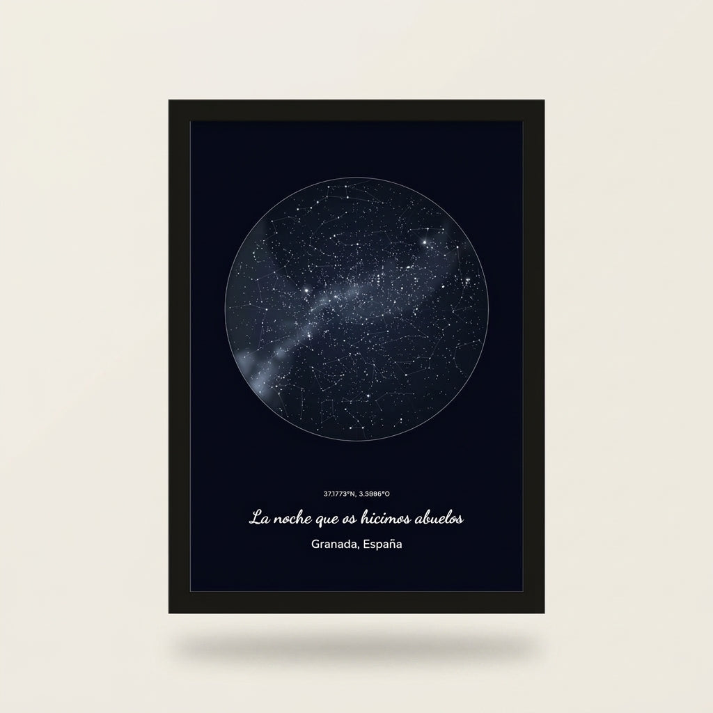 Cuadro mapa estelar personalizado para abuelos con marco negro, foto de estudio sobre fondo neutro