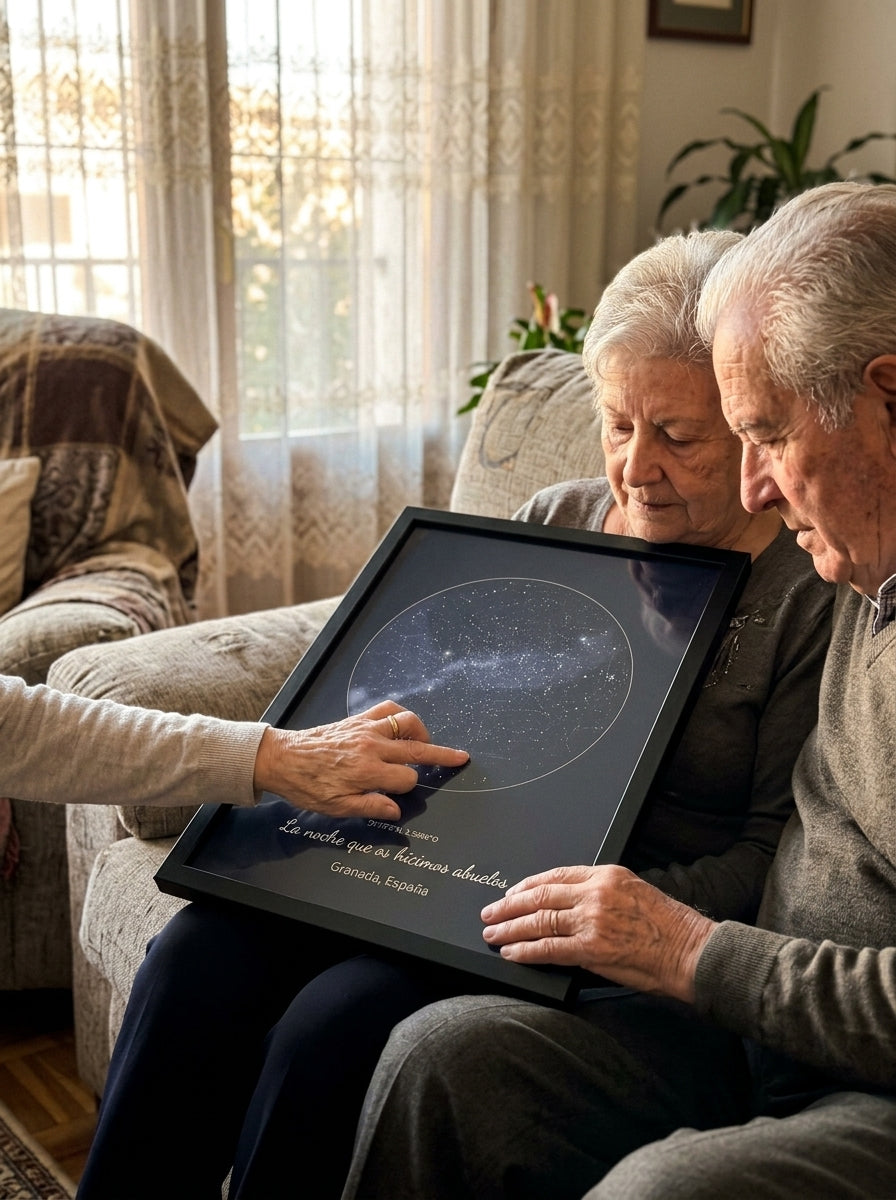 Colgando el cuadro mapa estelar personalizado para abuelos en la pared de casa