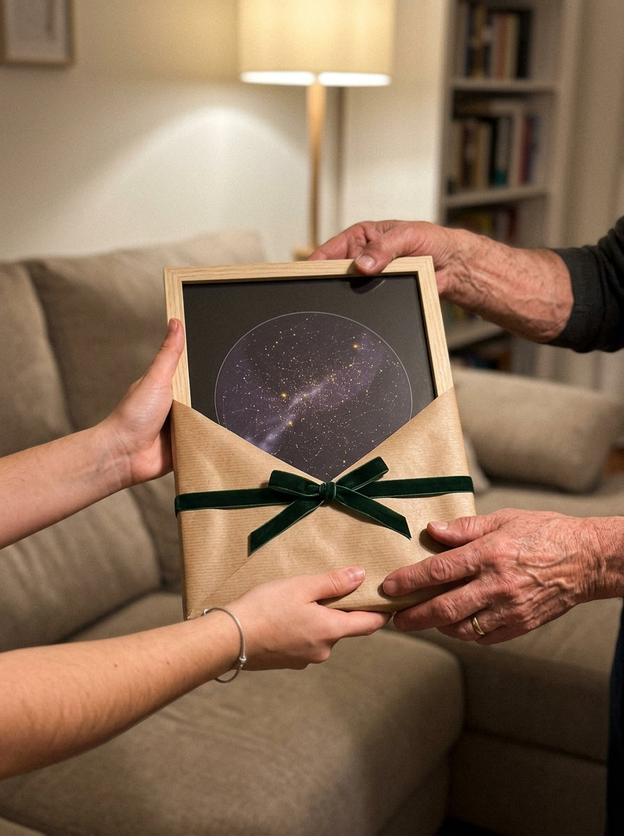 Abriendo el regalo del cuadro mapa estelar personalizado para abuelos en una comida familiar