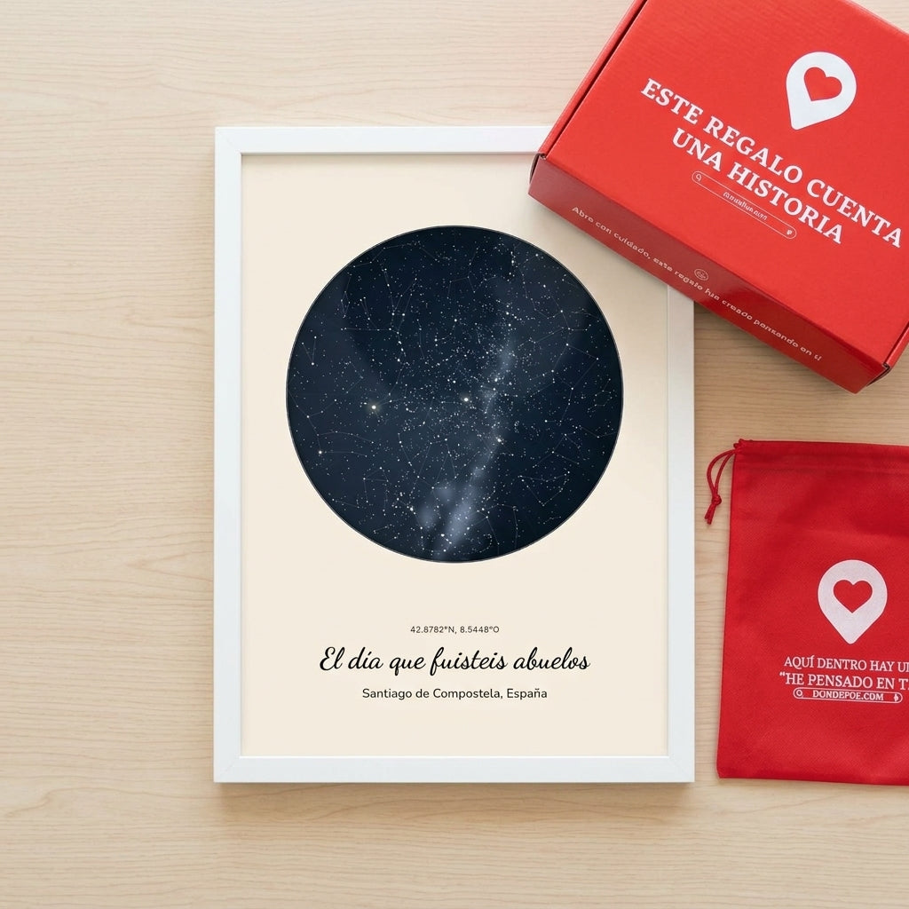 Cuadro mapa estelar personalizado para abuelos junto a la caja y la bolsa de regalo de Donde Fue
