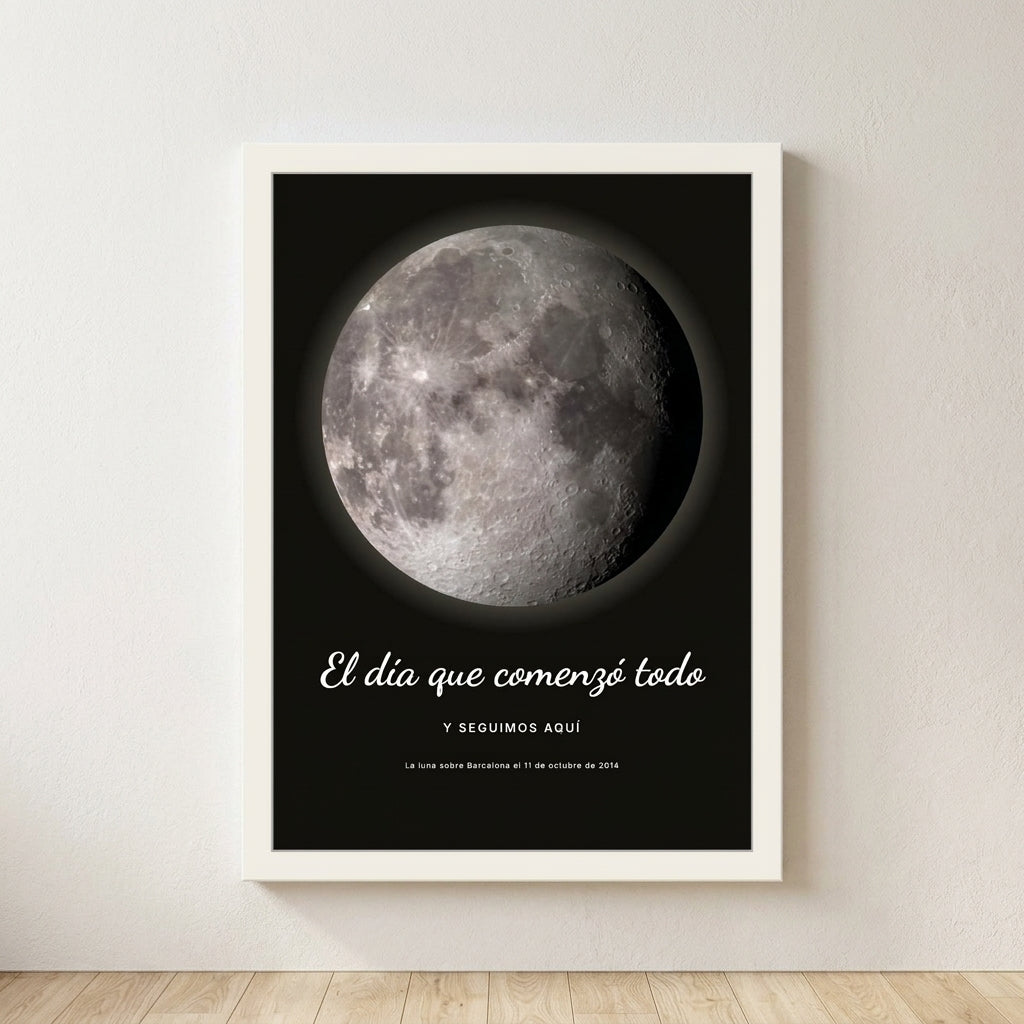 Cuadro fase lunar personalizado de aniversario con la luna del día en que empezó todo, colgado en una pared clara