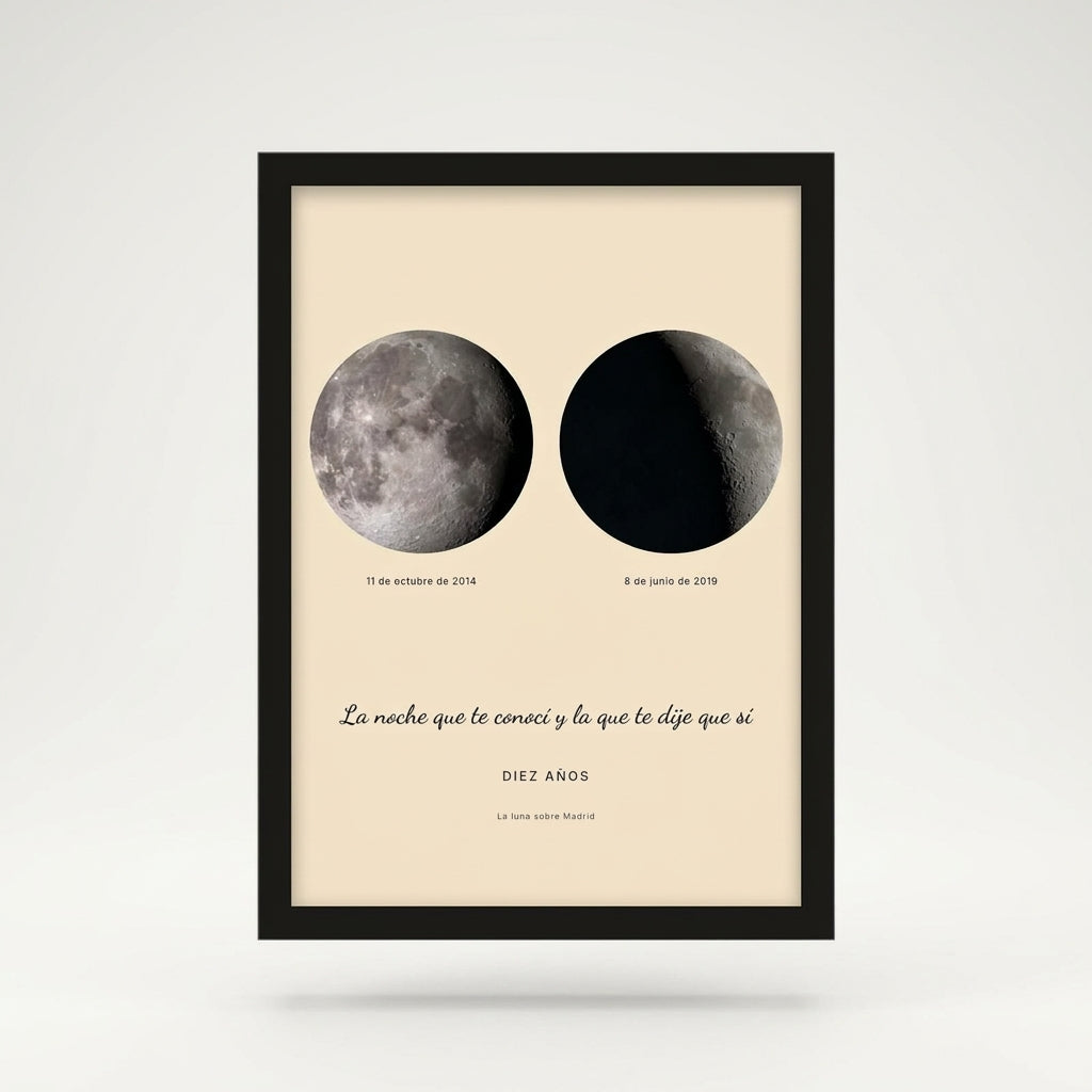 Cuadro fase lunar personalizado de aniversario con marco negro, foto de estudio sobre fondo neutro
