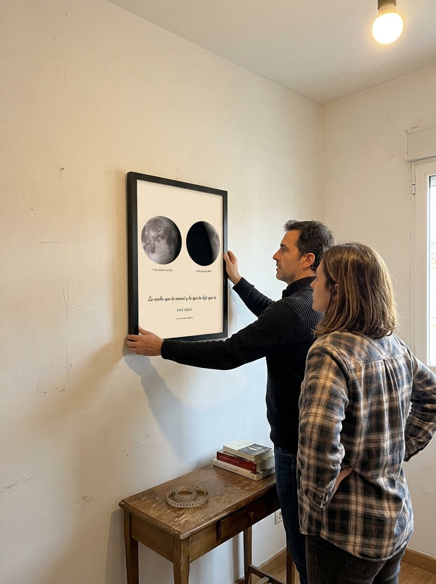 Colgando el cuadro fase lunar personalizado de aniversario en la pared de casa