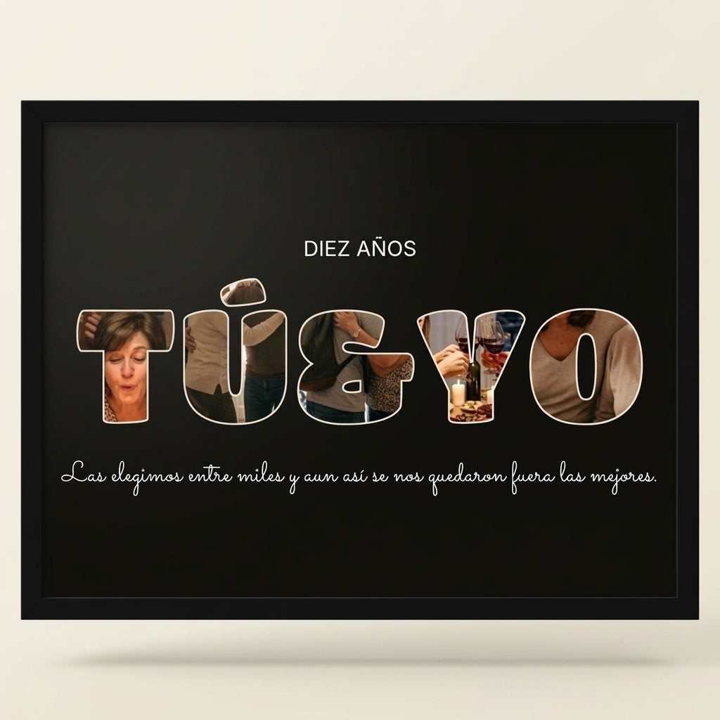 Cuadro letras con fotos personalizado de aniversario con marco negro, foto de estudio sobre fondo neutro