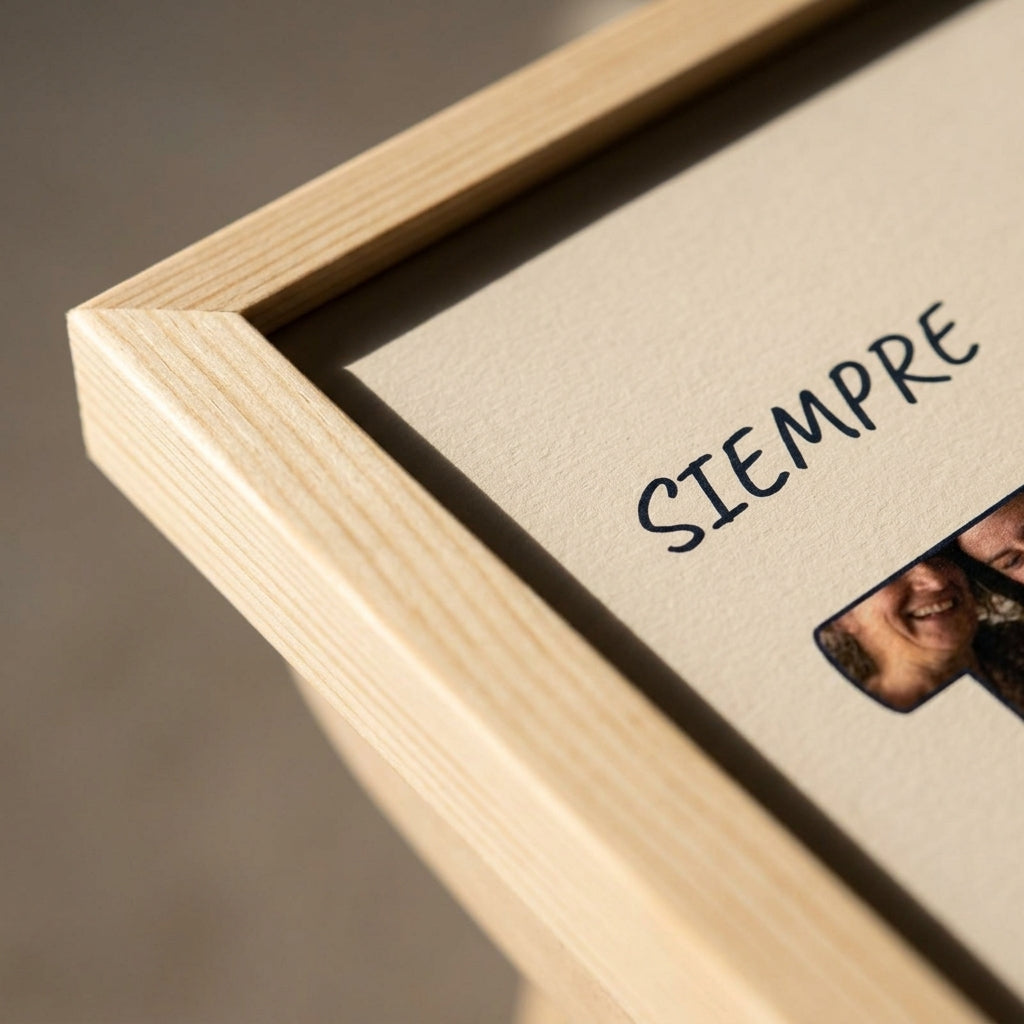 Detalle de la esquina en inglete del marco del cuadro letras con fotos personalizado de aniversario