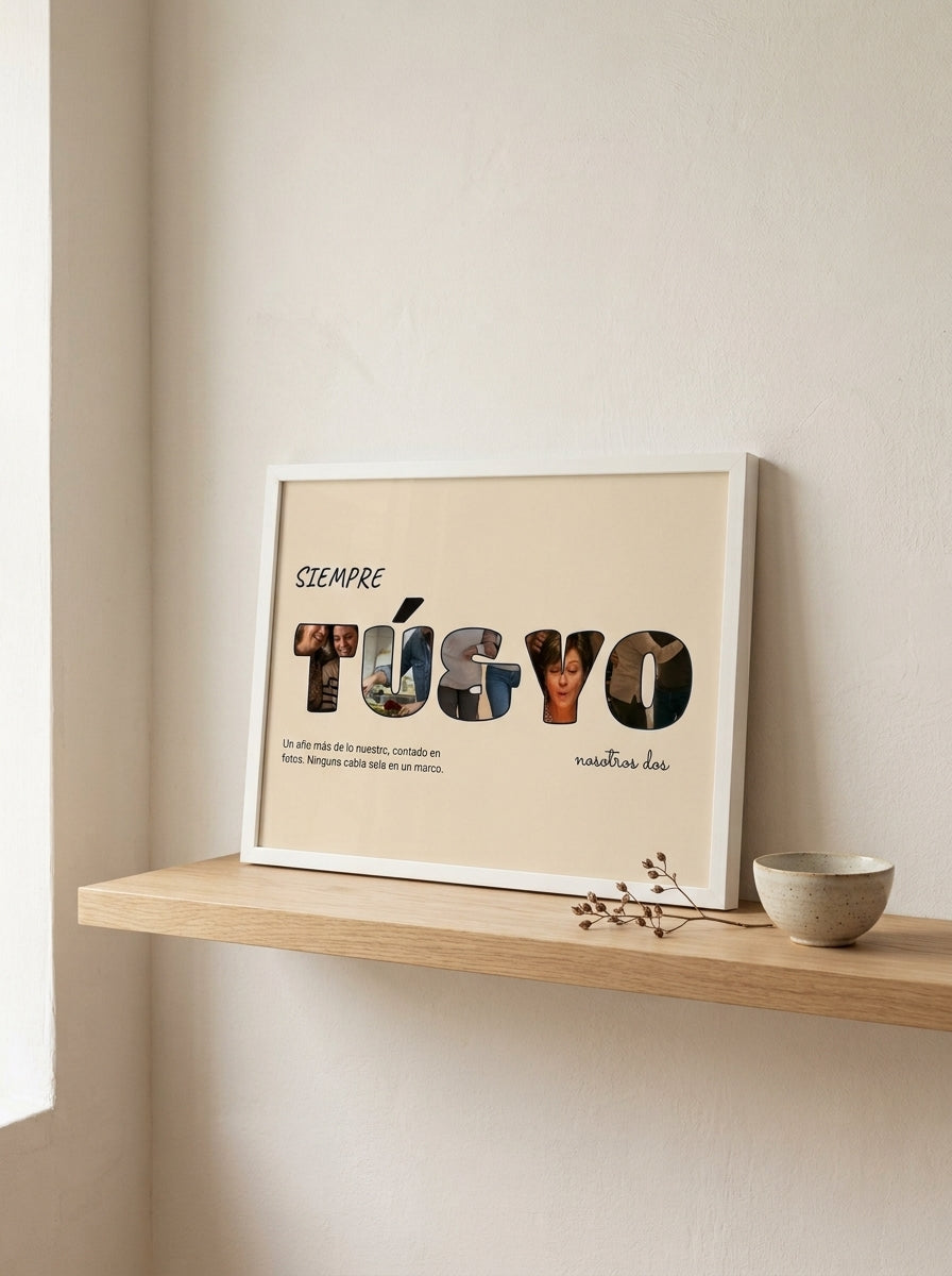 Cuadro letras con fotos personalizado de aniversario apoyado en una balda de roble junto a una rama seca