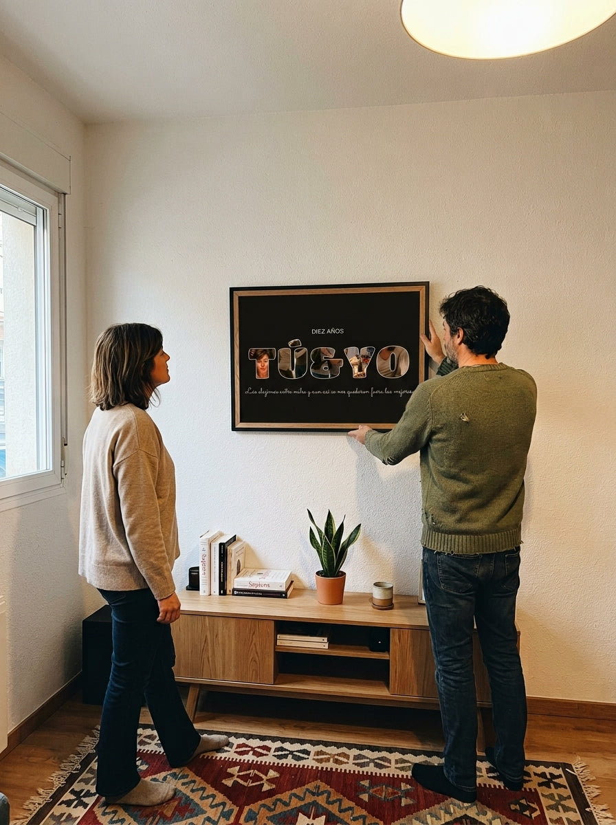 Colgando el cuadro letras con fotos personalizado de aniversario en la pared de casa