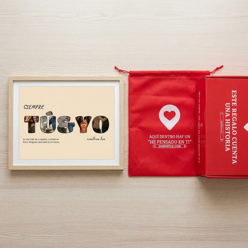 Cuadro letras con fotos personalizado de aniversario junto a la caja y la bolsa de regalo de Donde Fue