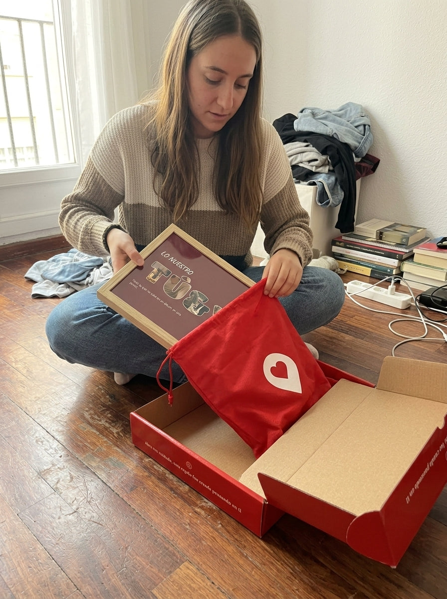 Sacando el cuadro letras con fotos personalizado de aniversario de la bolsa de regalo, con la caja abierta al lado