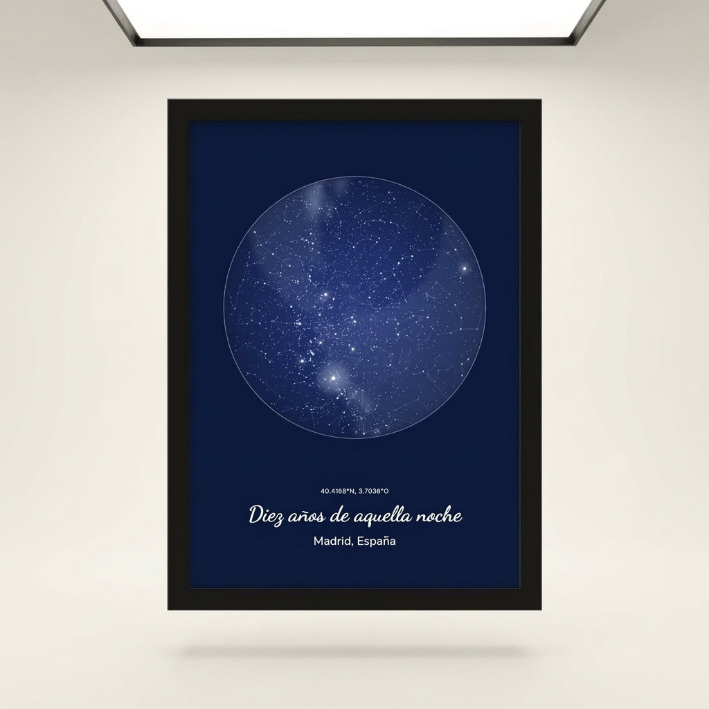 Cuadro mapa estelar personalizado de aniversario con marco negro, foto de estudio sobre fondo neutro