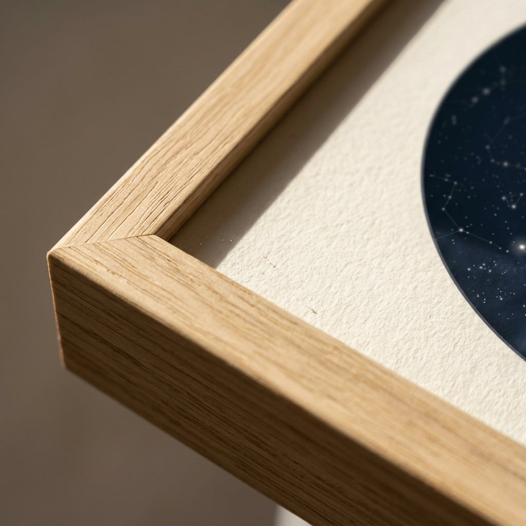 Detalle de la esquina en inglete del marco del cuadro mapa estelar personalizado de aniversario