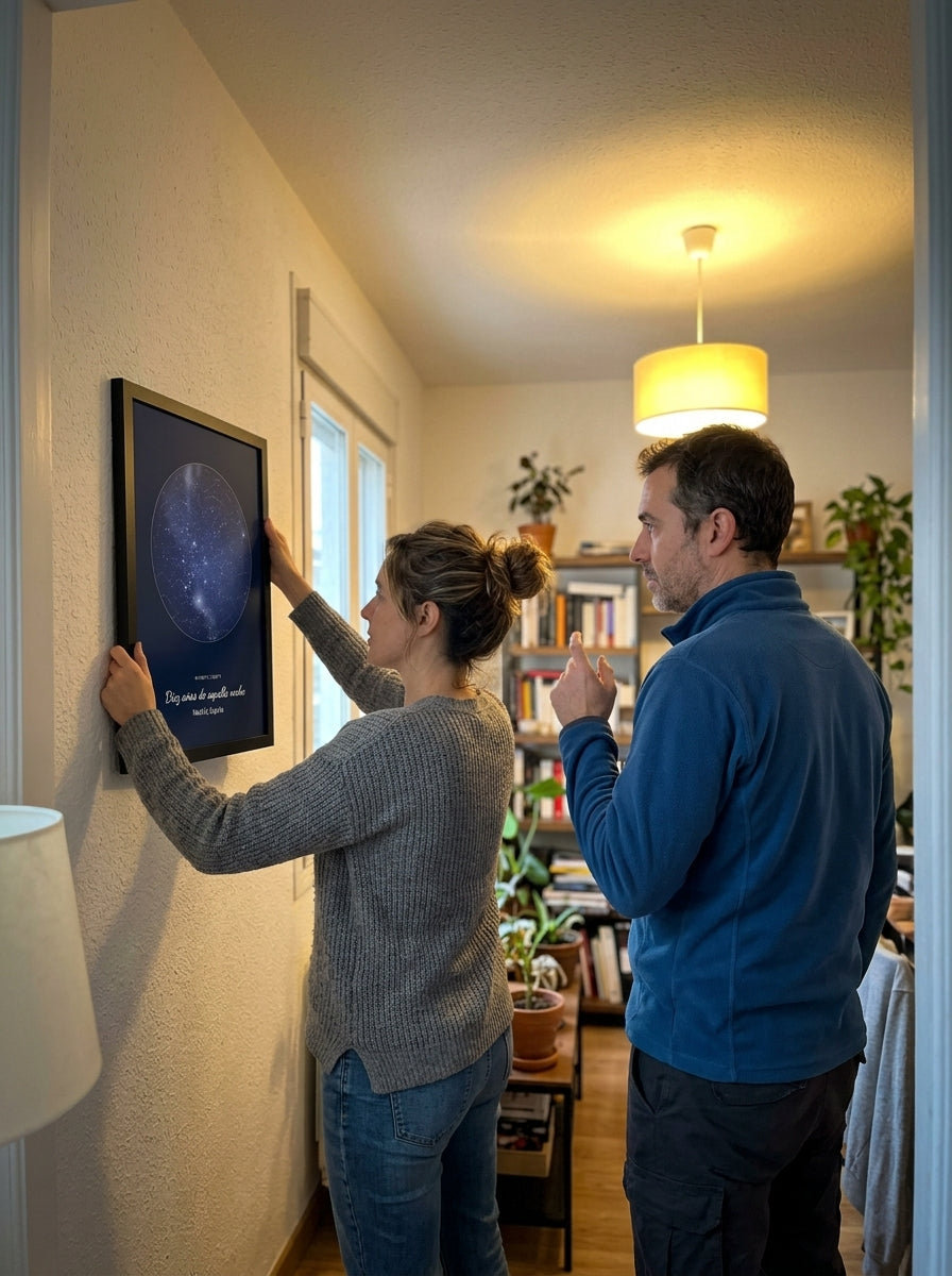 Colgando el cuadro mapa estelar personalizado de aniversario en la pared de casa
