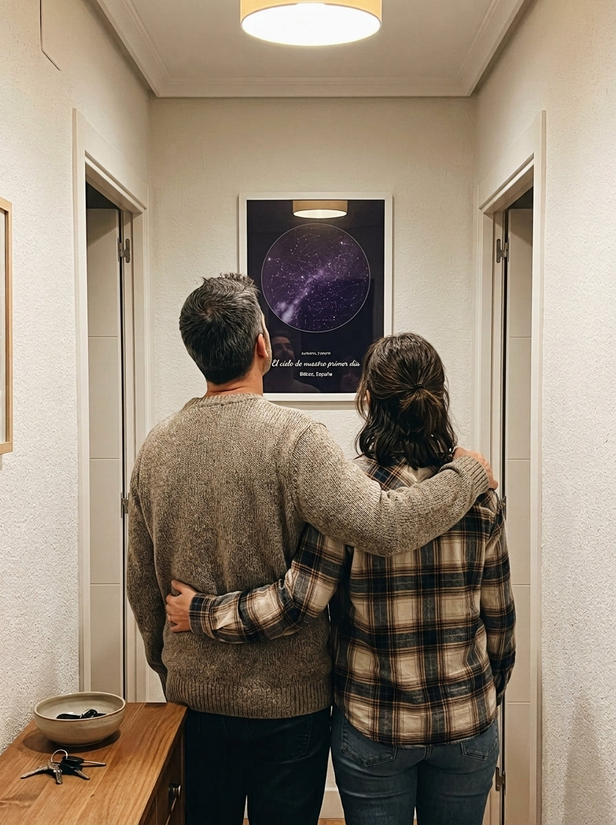 Una pareja mirando el cuadro mapa estelar personalizado de aniversario recién colgado