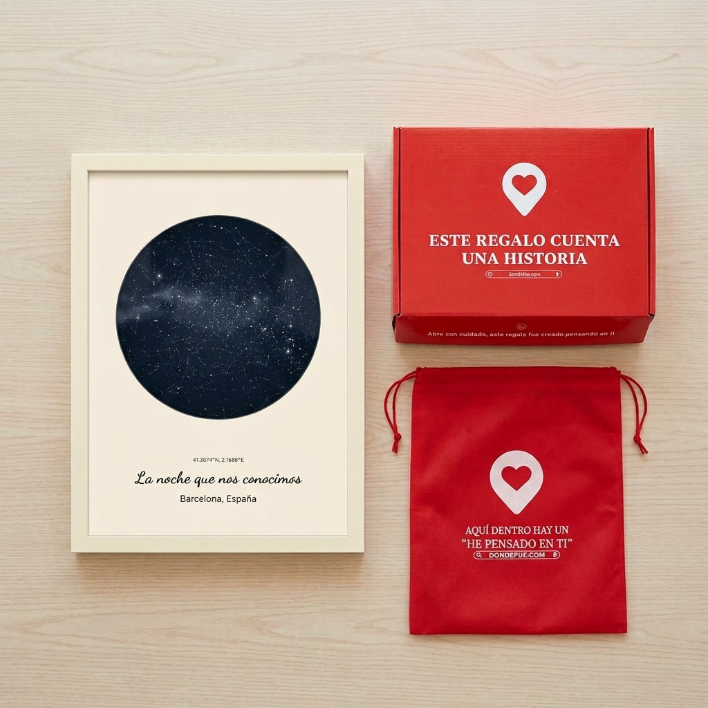 Cuadro mapa estelar personalizado de aniversario junto a la caja y la bolsa de regalo de Donde Fue