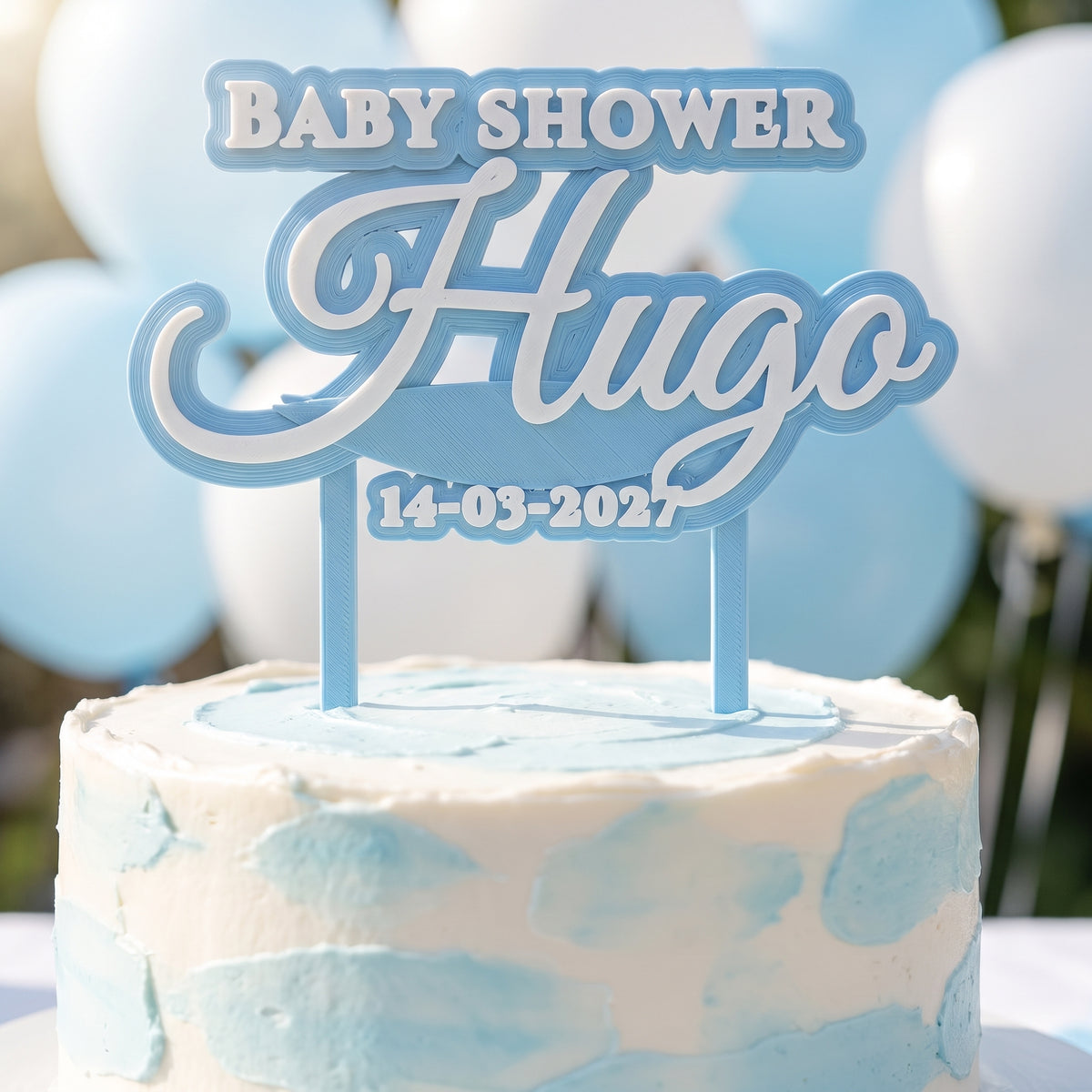 Cake topper de baby shower personalizado con el nombre Hugo en otros colores, impreso en 3D