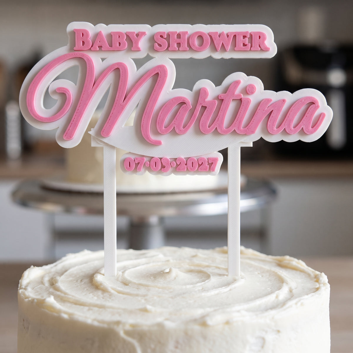 Detalle de las capas del cake topper de baby shower personalizado impreso en 3D