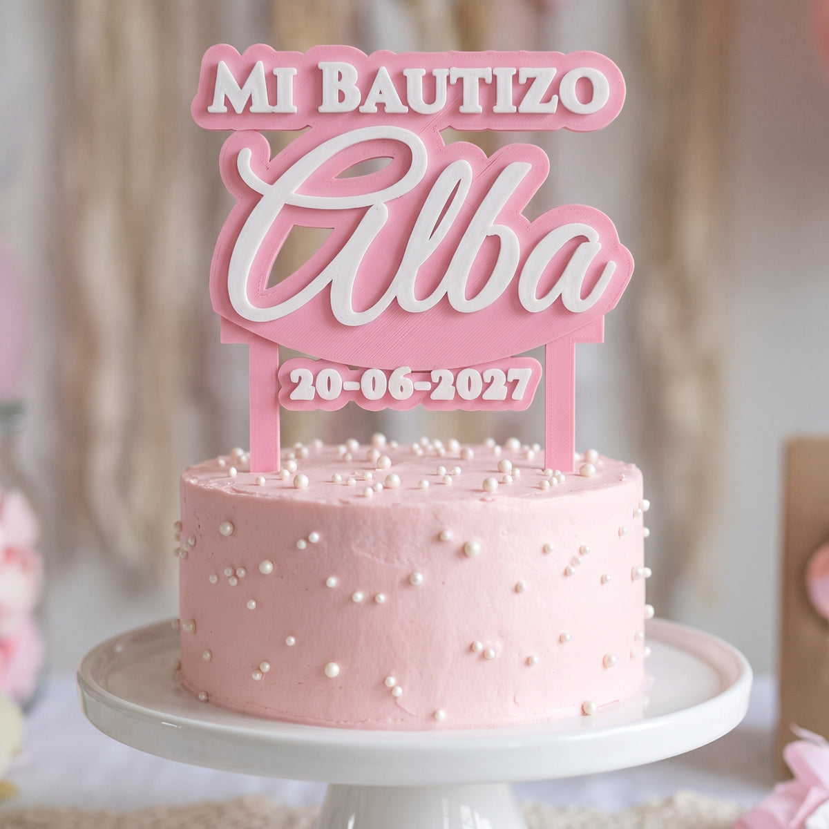 Cake topper de bautizo personalizado con el nombre Alba en otros colores, impreso en 3D