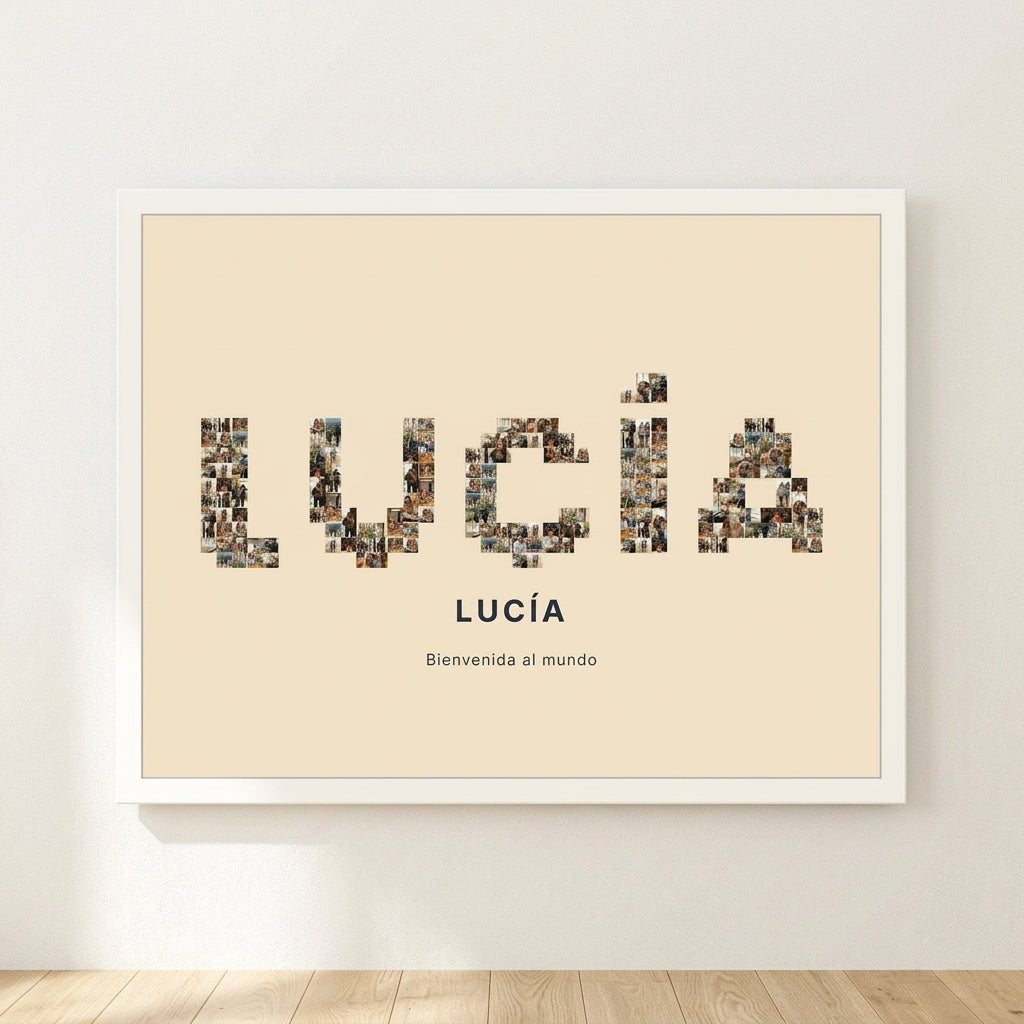 Cuadro nombre con fotos personalizado de bebé con el nombre del bebé relleno de fotografías, colgado en una pared clara