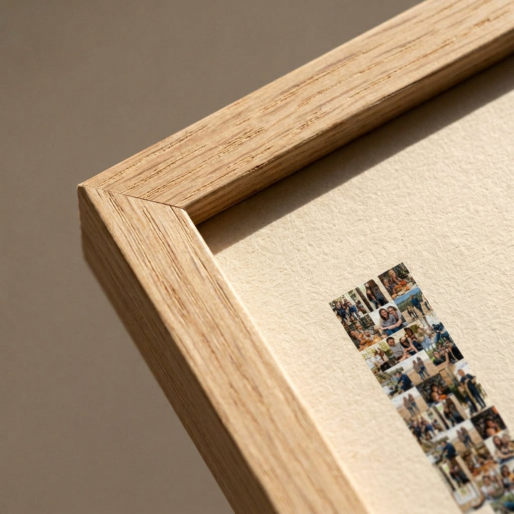 Detalle de la esquina en inglete del marco del cuadro nombre con fotos personalizado de bebé