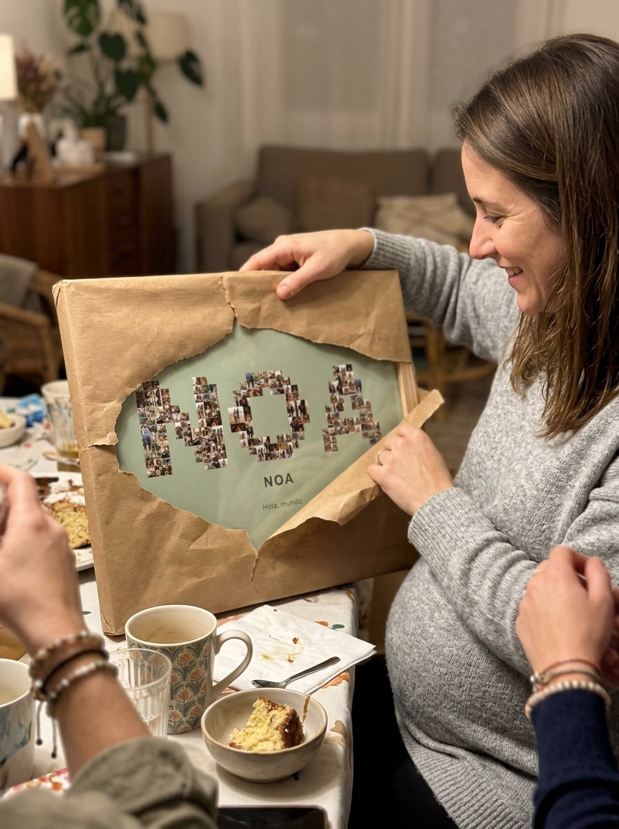 Abriendo el regalo del cuadro nombre con fotos personalizado de bebé en una comida familiar