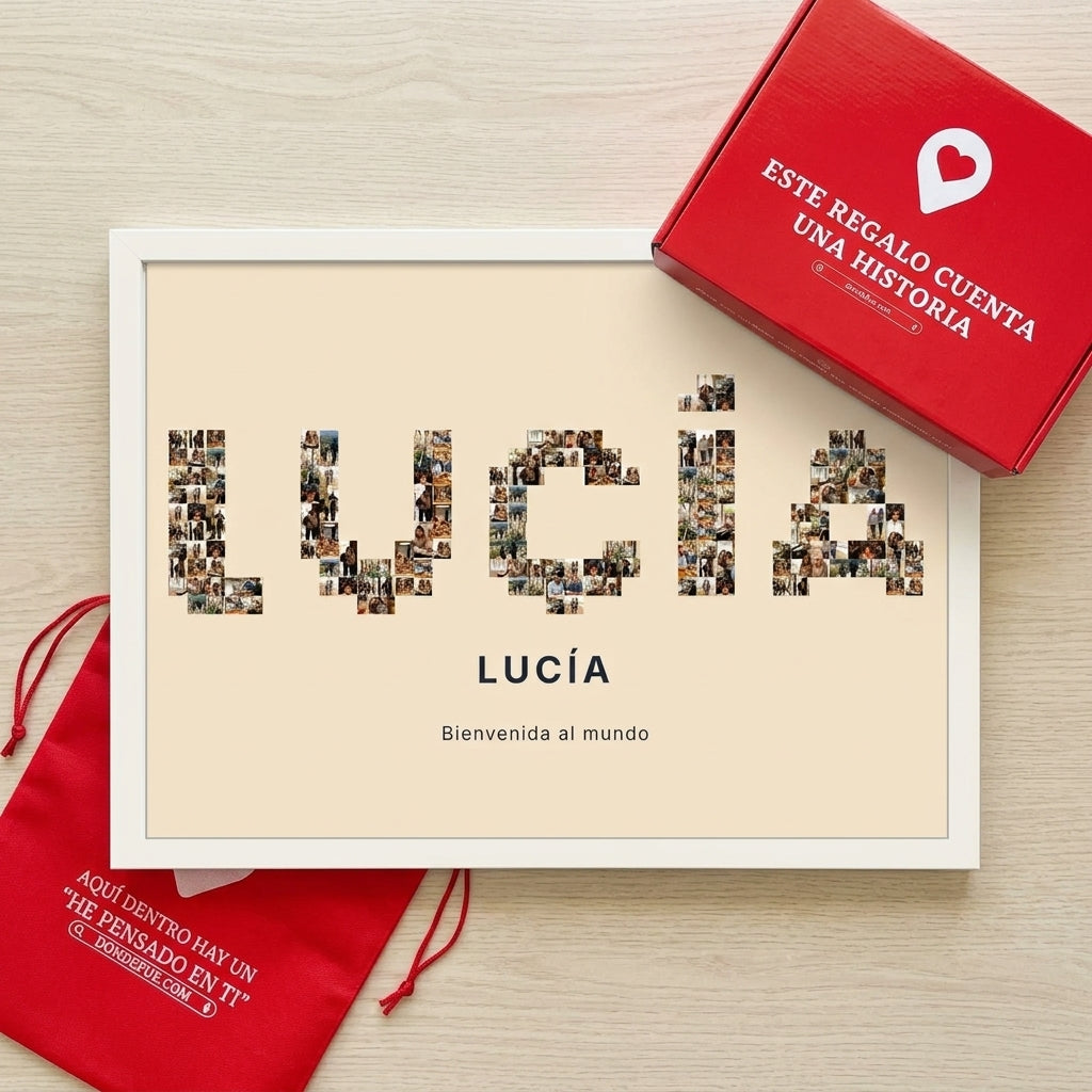 Cuadro nombre con fotos personalizado de bebé junto a la caja y la bolsa de regalo de Donde Fue