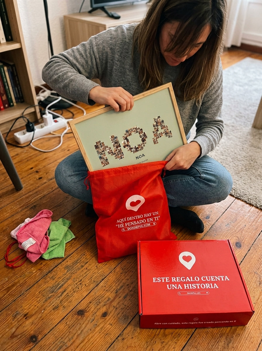 Sacando el cuadro nombre con fotos personalizado de bebé de la bolsa de regalo, con la caja abierta al lado