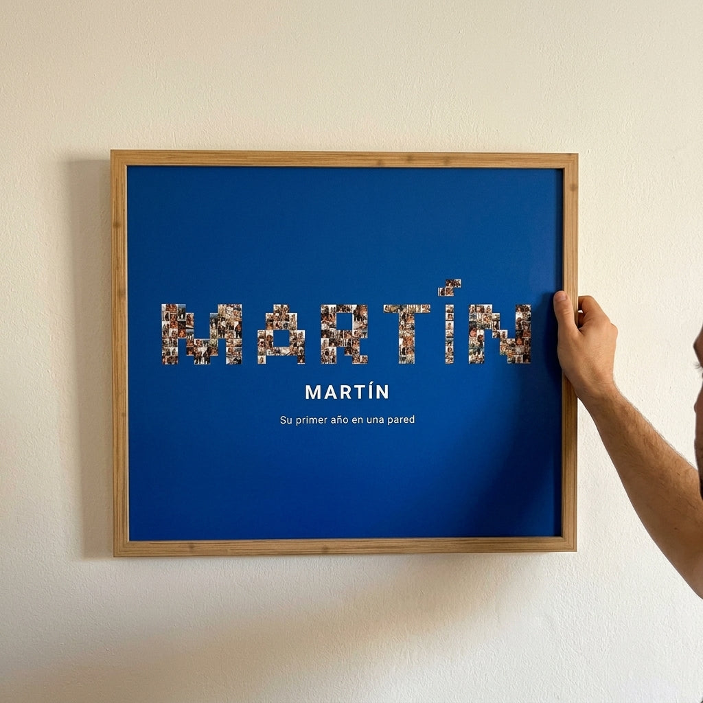 Enderezando el cuadro nombre con fotos personalizado de bebé recién colgado en la pared