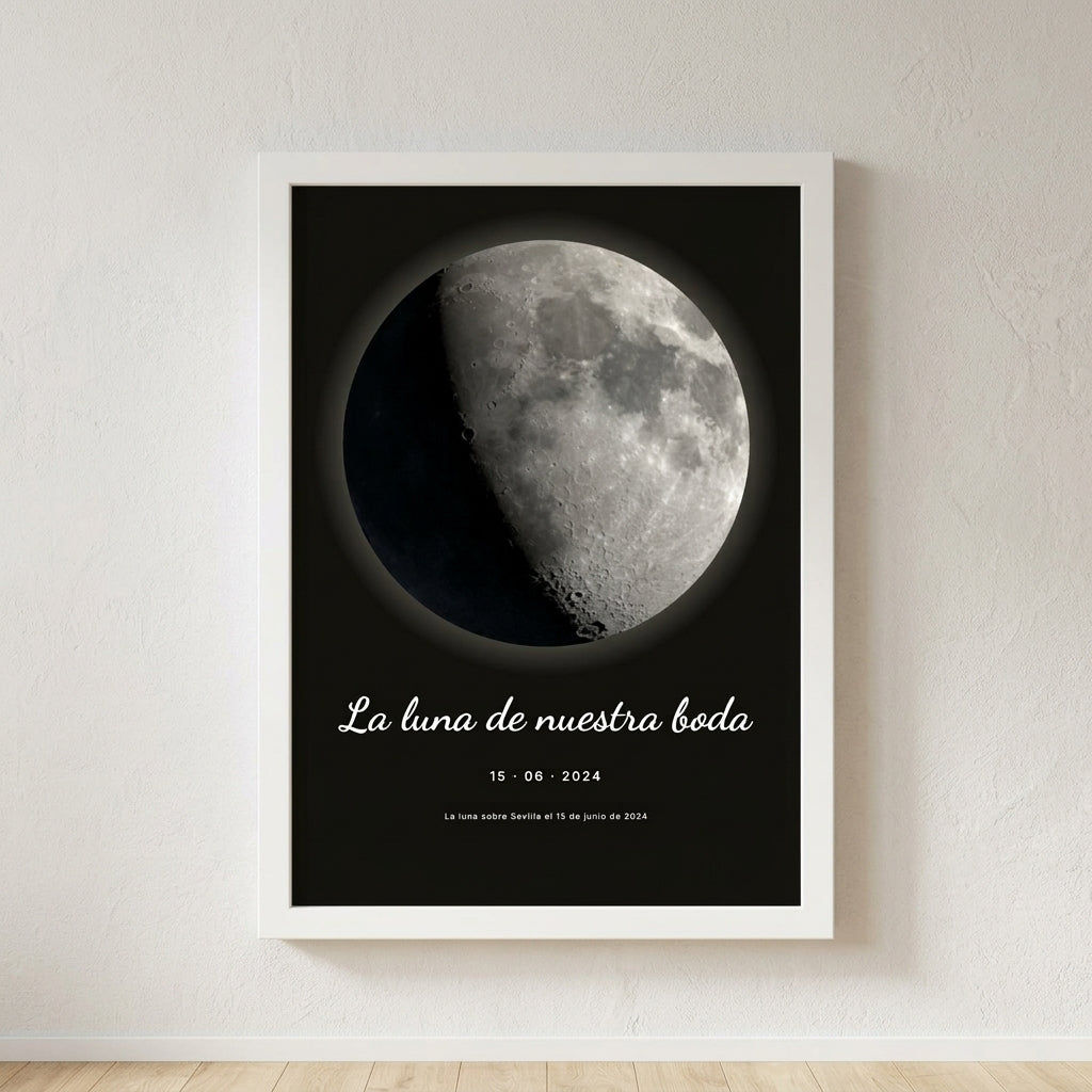Cuadro fase lunar personalizado de boda con la luna del día de la boda, colgado en una pared clara
