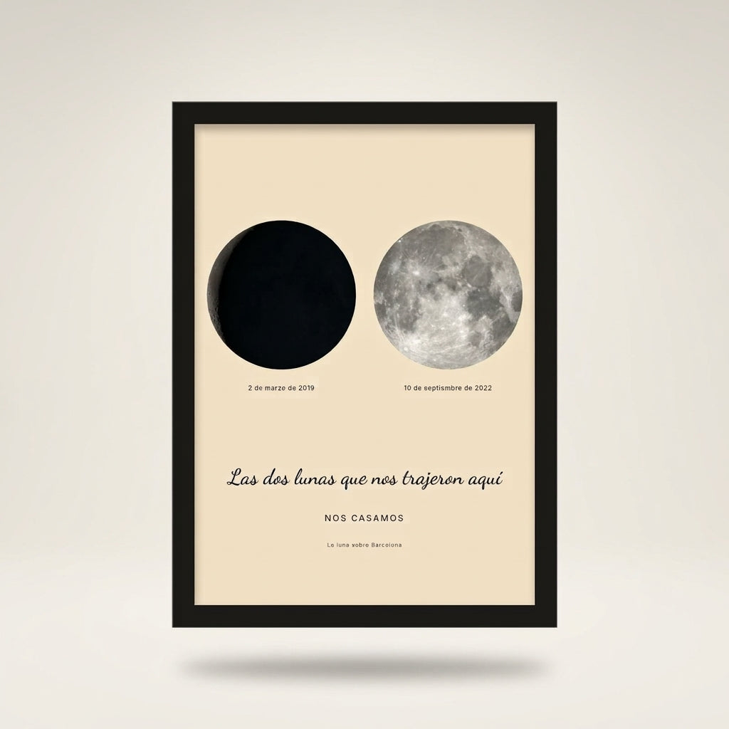 Cuadro fase lunar personalizado de boda con marco negro, foto de estudio sobre fondo neutro