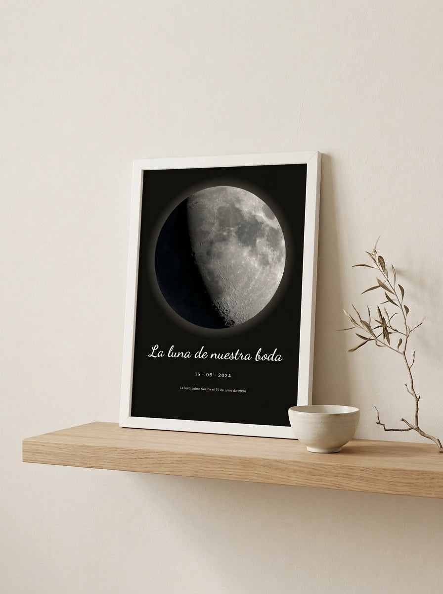 Cuadro fase lunar personalizado de boda apoyado en una balda de roble junto a una rama seca
