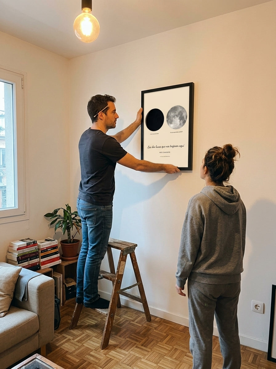 Colgando el cuadro fase lunar personalizado de boda en la pared de casa
